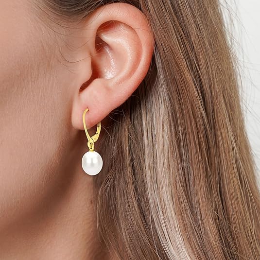 Sterling Silver/Rose Gold Leverback White Freshwater Cultured Pearl Drop Earring for Wedding Jewelry Gift for Women TWINKLE QUEEN