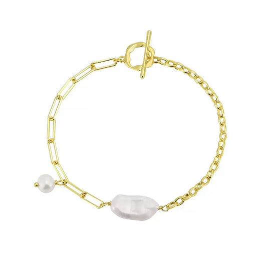 Cultured Freshwater Pearl 14K Gold Plated 925 Sterling Silver Baroque Bracelet TQ