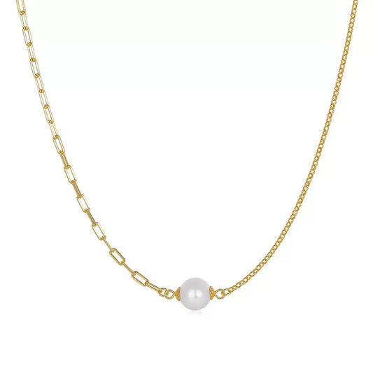 Cultured Freshwater Pearl 14K Gold Plated 925 Sterling Silver Paperclip Necklace TQ