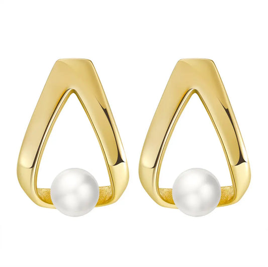 Cultured Freashwater Pear 14K Gold Plated 925 Sterling Silver Triangle Earrings TQ