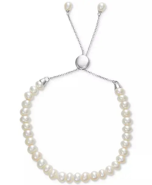 White Cultured Freshwater Pearl (6-1/2mm) Bolo Bracelet in Sterling Silver (Also in Gray or Pink Cultured Freshwater Pearl)