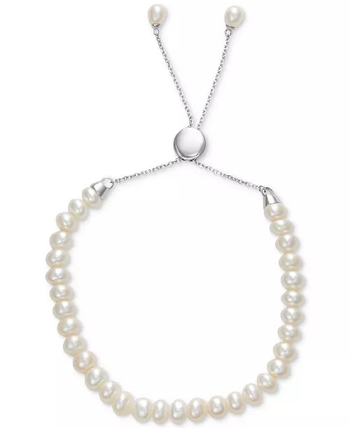 White Cultured Freshwater Pearl (6-1/2mm) Bolo Bracelet in Sterling Silver (Also in Gray or Pink Cultured Freshwater Pearl)