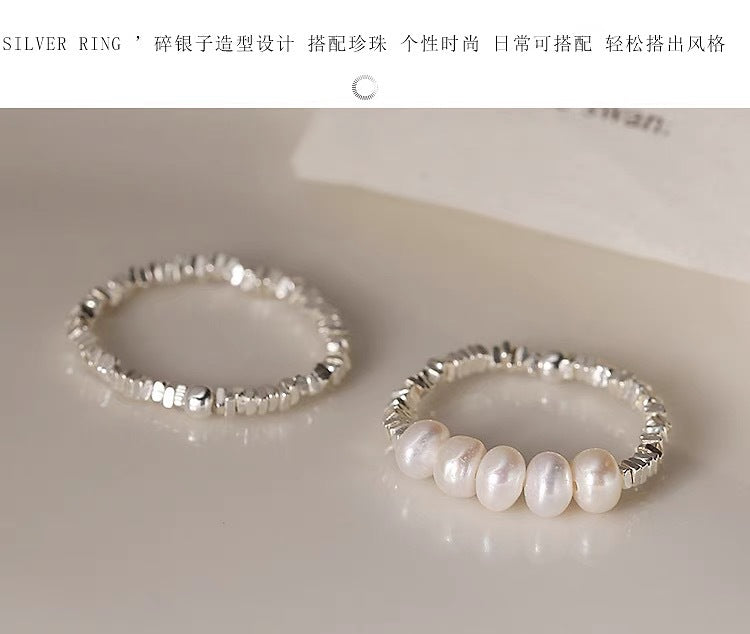 S925 sterling silver pearl ring geometric broken silver irregular design Joint ring light luxury fashion personality tail ring