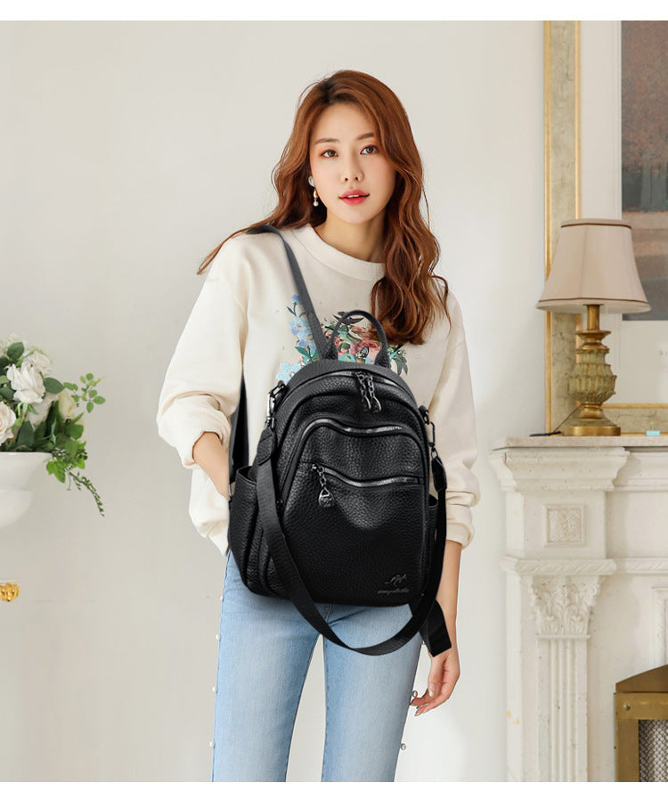 Backpack Women's Soft Leather Small Backpack 2025 New Fashionable Casual All-match Large Capacity Multi-layer Portable Shoulder Crossbody Bag