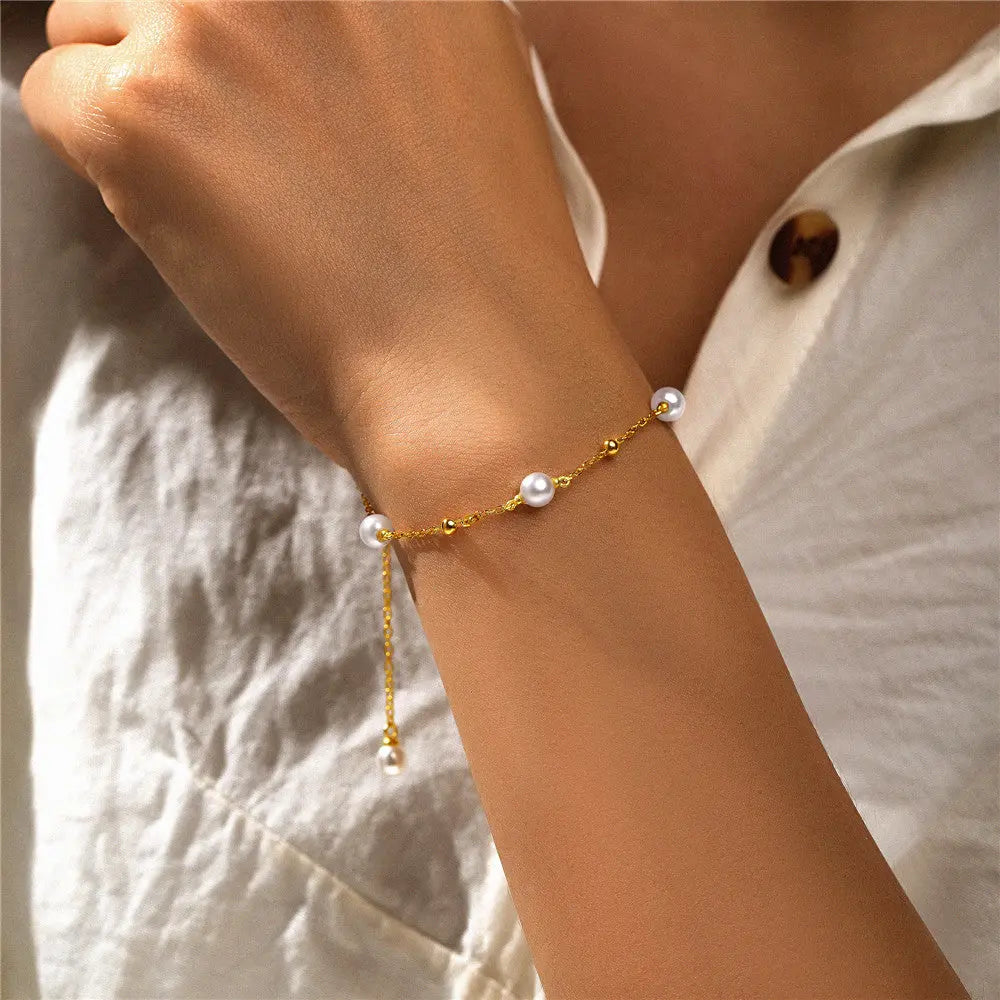 European and American Fashion Simple s925 Sterling Silver Beaded Spacer Small Gold Beads/Pearl Adjustable All-match Bracelet TWINKLE QUEEN