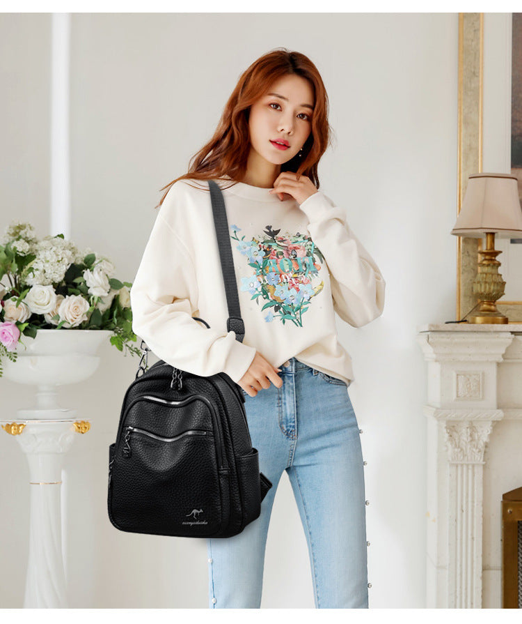 Backpack Women's Soft Leather Small Backpack 2025 New Fashionable Casual All-match Large Capacity Multi-layer Portable Shoulder Crossbody Bag