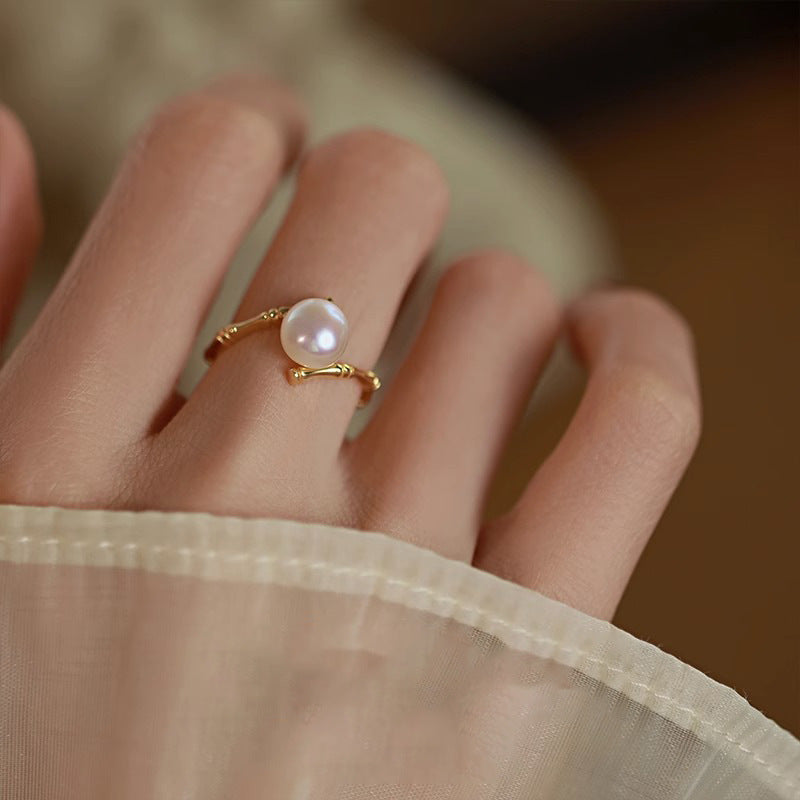 S925 Sterling Silver Pearl Bamboo Ring Index Finger Female Niche Design High-grade Antique Fashion Personality Light Luxury Opening