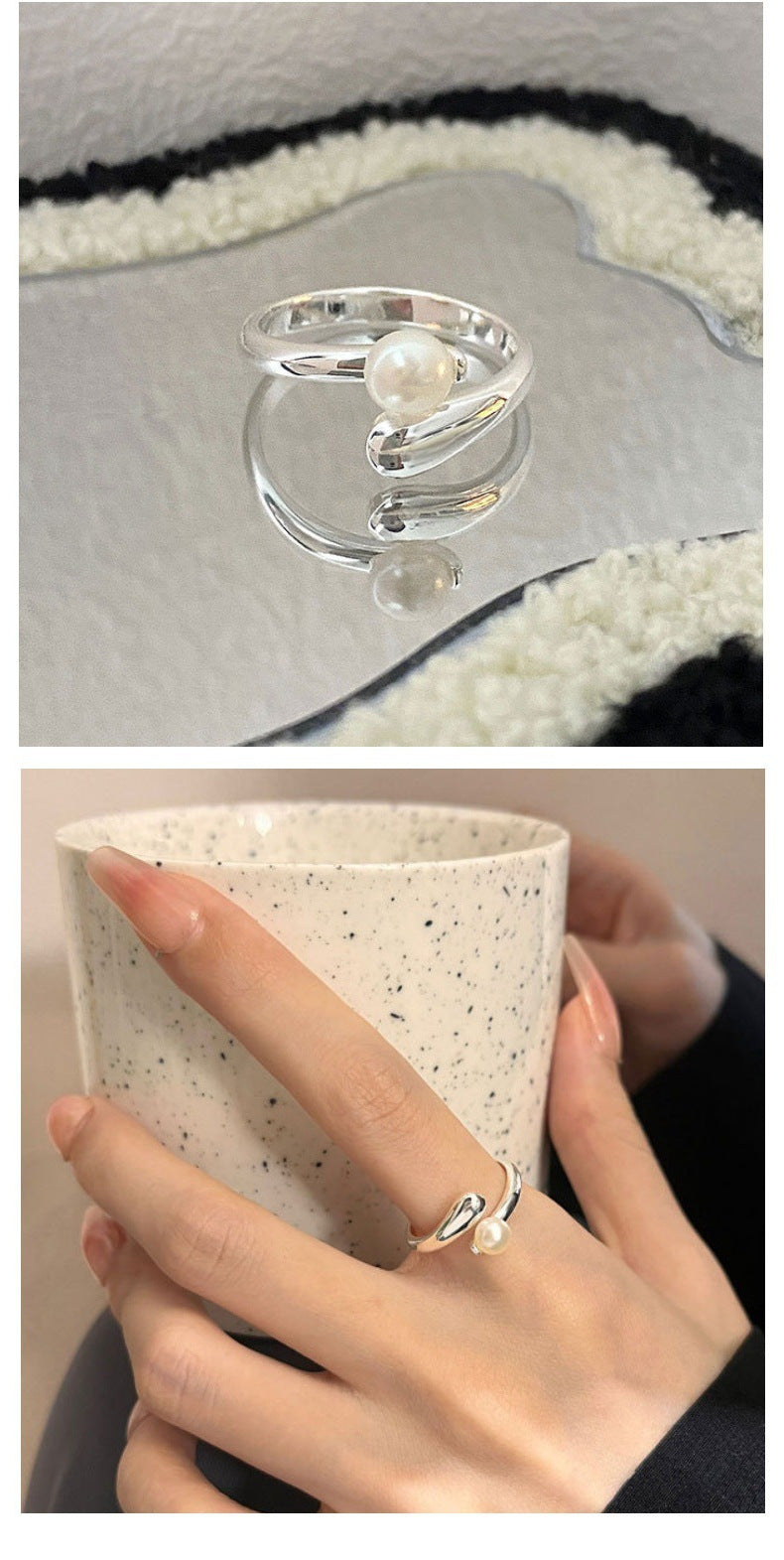 S925 Sterling Silver Freshwater Pearl Ring Women's Open Ring ins Light Luxury High-end Bright Silver Korean-style All-match Small Fresh