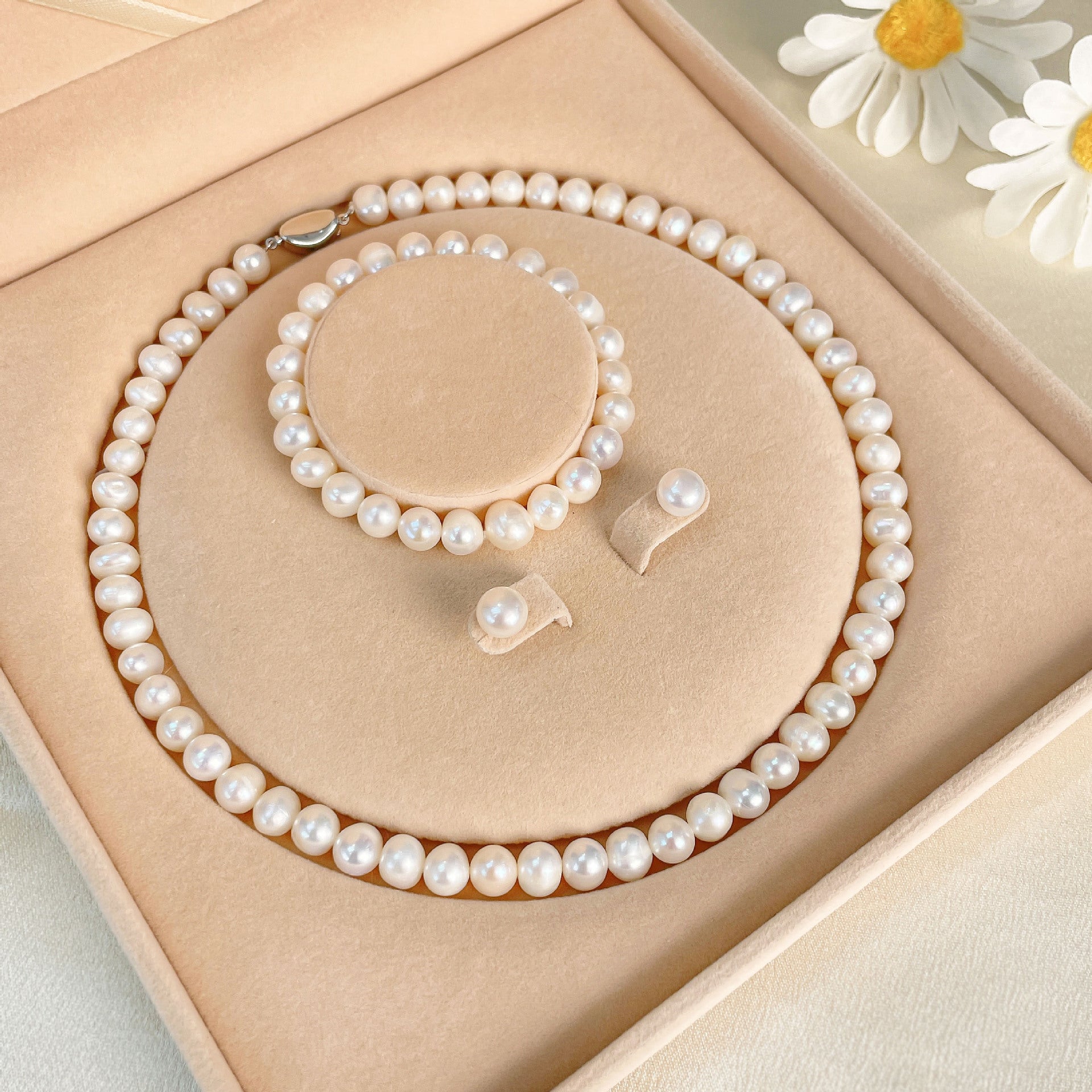 Natural Freshwater Pearl Necklace Three-Piece Set Sterling Silver  suit Mother's Day Gift