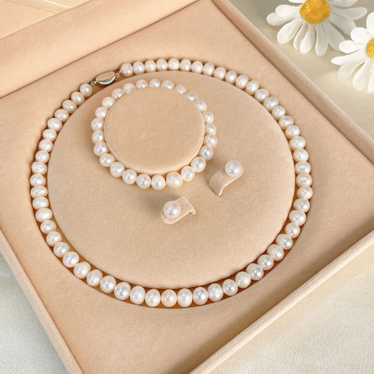 Natural Freshwater Pearl Necklace Three-Piece Set Sterling Silver  suit Mother's Day Gift