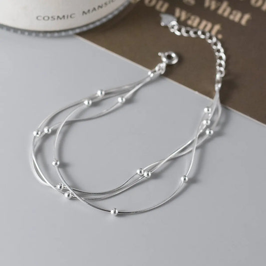 S925 Silver Fine Korean Style ins Style Niche Design Sense Three-Layer Light Bead Snake Bone Bracelet