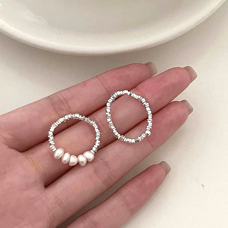 S925 sterling silver pearl ring geometric broken silver irregular design Joint ring light luxury fashion personality tail ring