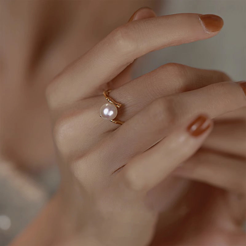 S925 Sterling Silver Pearl Bamboo Ring Index Finger Female Niche Design High-grade Antique Fashion Personality Light Luxury Opening