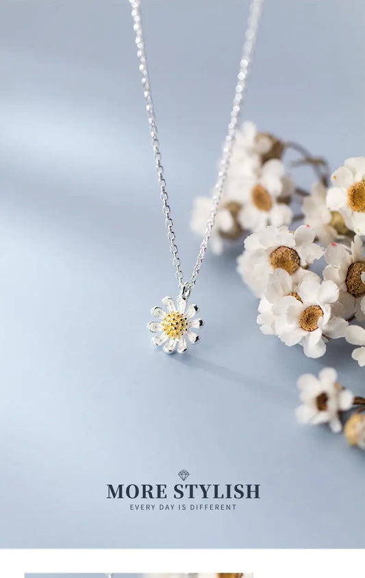 S925 Silver Necklace Female Korean Style Summer Fresh Flower Fresh Autumn Chrysanthemum Short Clavicle Chain