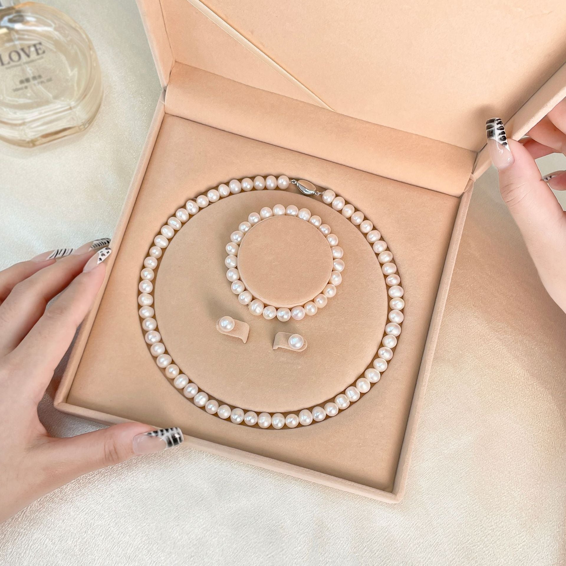 Natural Freshwater Pearl Necklace Three-Piece Set Sterling Silver  suit Mother's Day Gift