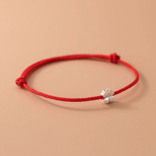 S925 Silver Korean Style Simple Fashion Four-leaf Flower Red Rope Bracelet Summer Fresh Style Hand Jewelry