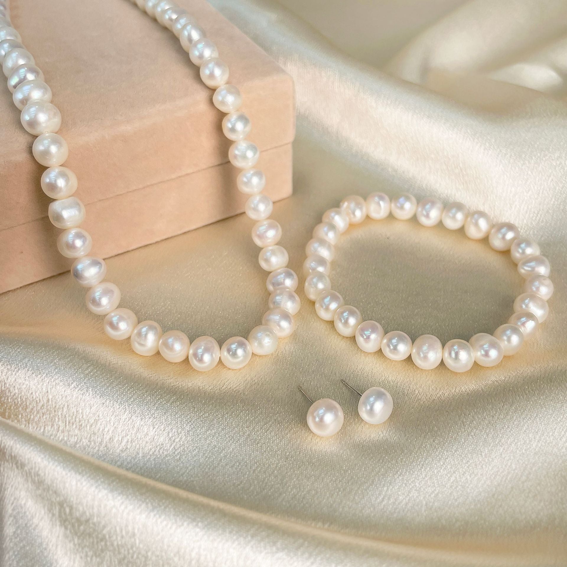 Natural Freshwater Pearl Necklace Three-Piece Set Sterling Silver  suit Mother's Day Gift