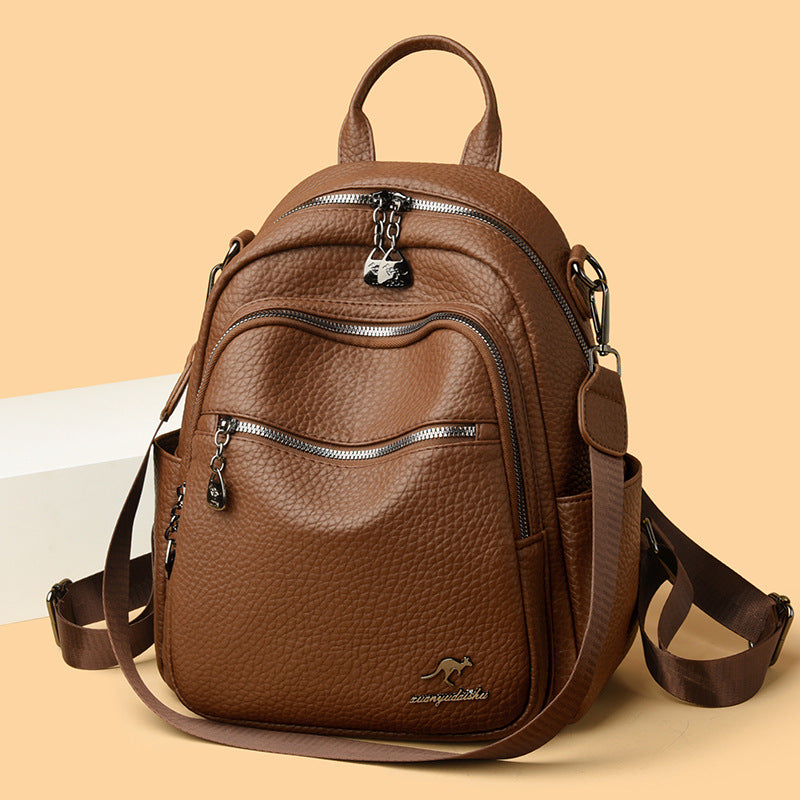 Backpack Women's Soft Leather Small Backpack 2025 New Fashionable Casual All-match Large Capacity Multi-layer Portable Shoulder Crossbody Bag