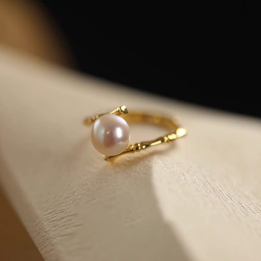 S925 Sterling Silver Pearl Bamboo Ring Index Finger Female Niche Design High-grade Antique Fashion Personality Light Luxury Opening