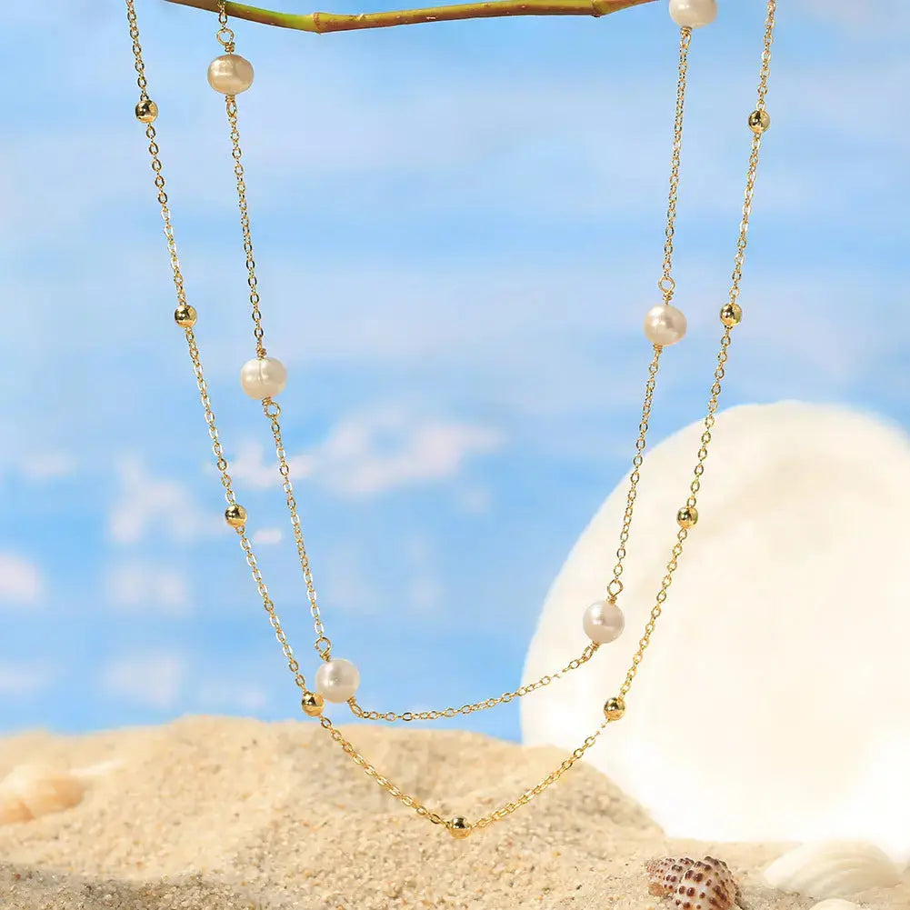 Cultured Freshwater Pearl 14K Gold Plated 925 Sterling Silver Stacking Bracelet and Necklace Jewelry Set