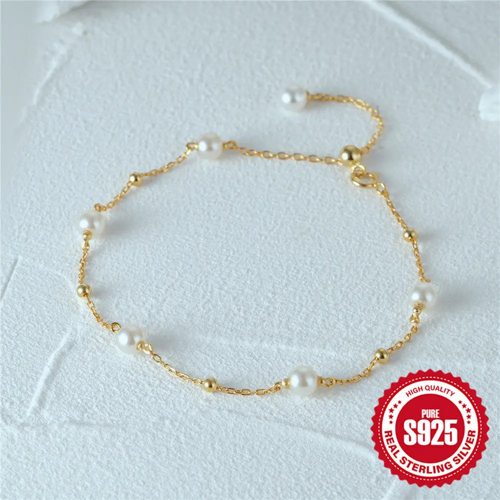European and American Fashion Simple s925 Sterling Silver Beaded Spacer Small Gold Beads/Pearl Adjustable All-match Bracelet TWINKLE QUEEN