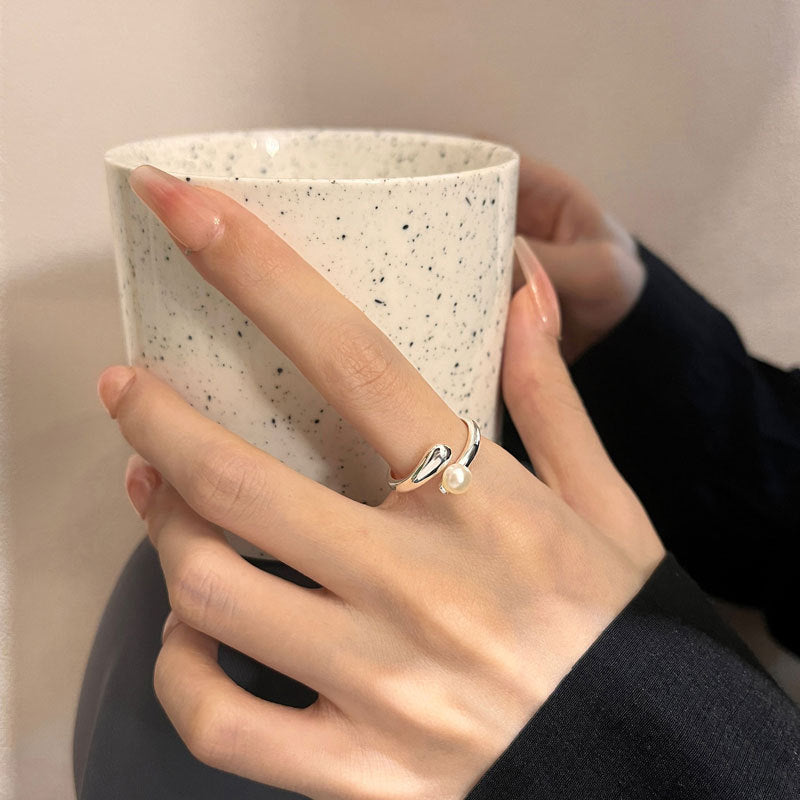 S925 Sterling Silver Freshwater Pearl Ring Women's Open Ring ins Light Luxury High-end Bright Silver Korean-style All-match Small Fresh