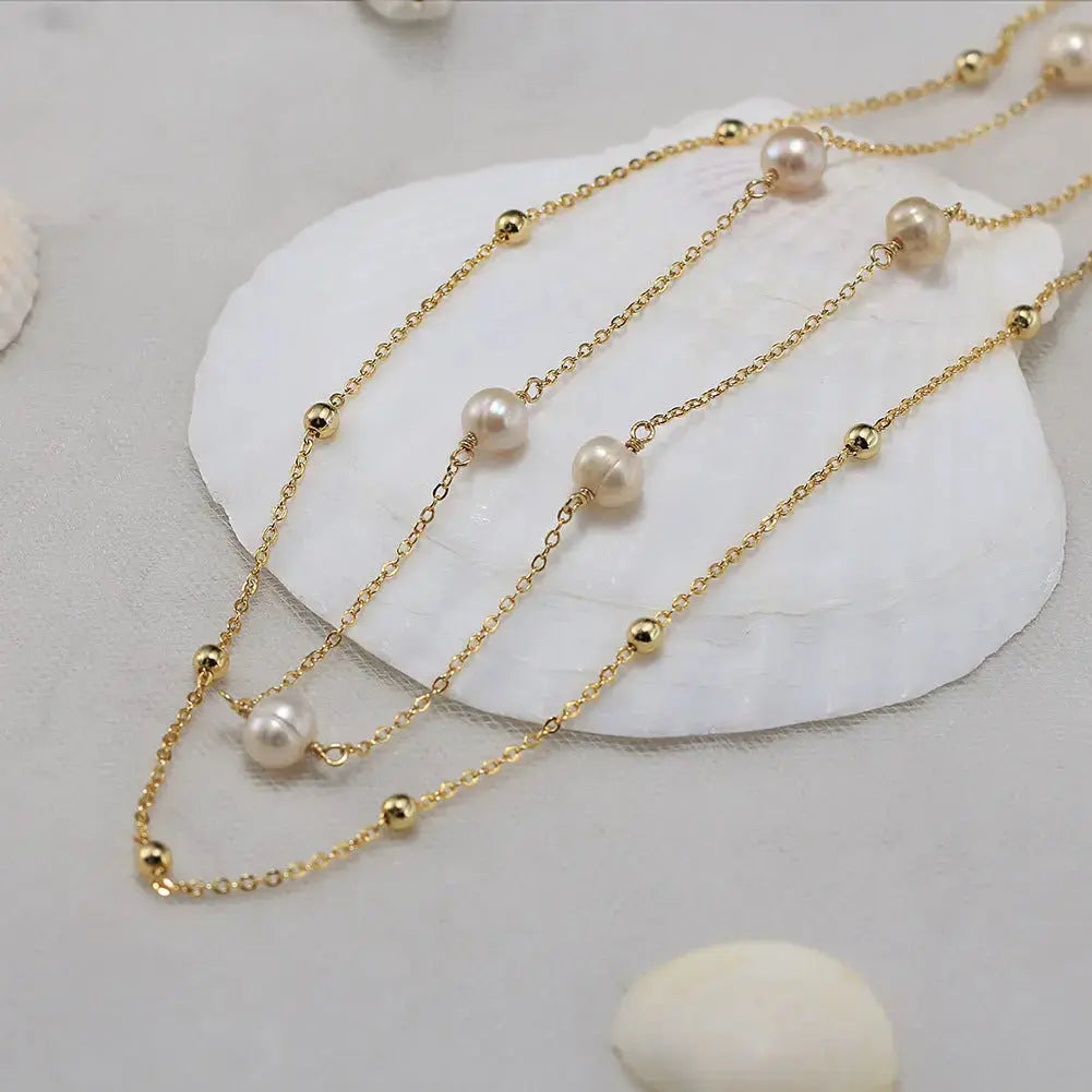 Cultured Freshwater Pearl 14K Gold Plated 925 Sterling Silver Stacking Bracelet and Necklace Jewelry Set