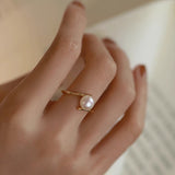 S925 Sterling Silver Pearl Bamboo Ring Index Finger Female Niche Design High-grade Antique Fashion Personality Light Luxury Opening