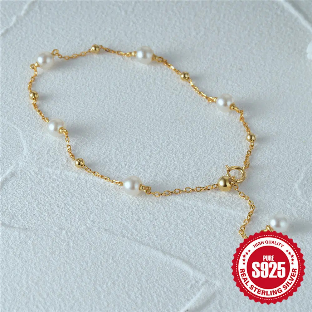 European and American Fashion Simple s925 Sterling Silver Beaded Spacer Small Gold Beads/Pearl Adjustable All-match Bracelet TWINKLE QUEEN