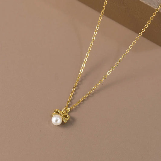 S925 silver fresh and sweet ins style niche design personality bow bead necklace