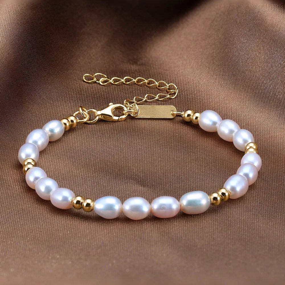 Natural freshwater pearl bracelet stitching gold beads fashionable texture Jane S925 silver jewelry TWINKLE QUEEN