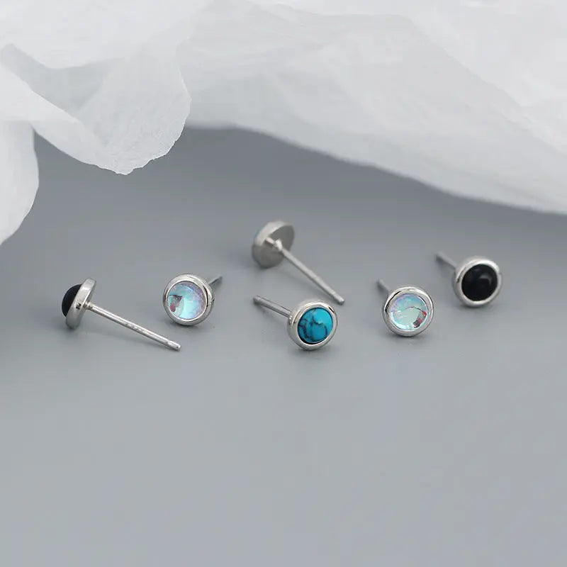 Japanese and Korean s925 Silver ins Niche Design High-grade Sense Geometric Round Agate Pine Stone Earrings Earrings TWINKLE QUEEN