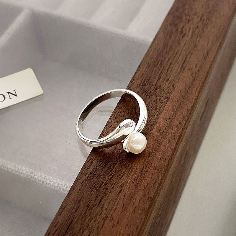 S925 Sterling Silver Freshwater Pearl Ring Women's Open Ring ins Light Luxury High-end Bright Silver Korean-style All-match Small Fresh