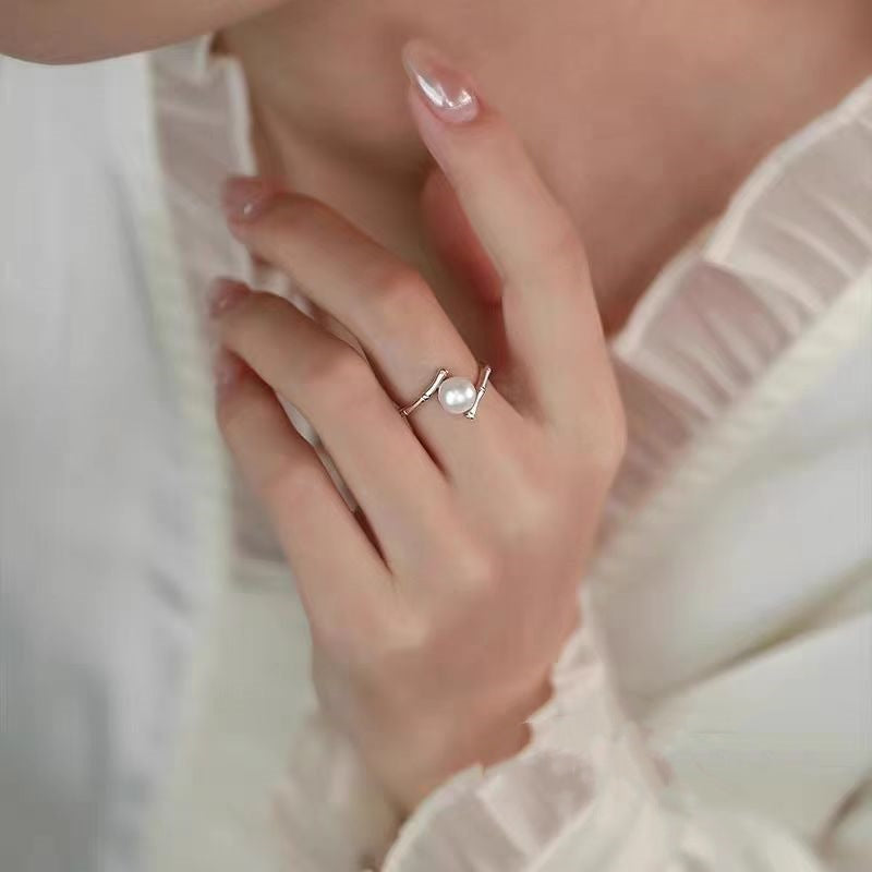 S925 Sterling Silver Pearl Bamboo Ring Index Finger Female Niche Design High-grade Antique Fashion Personality Light Luxury Opening