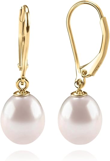 Sterling Silver/Rose Gold Leverback White Freshwater Cultured Pearl Drop Earring for Wedding Jewelry Gift for Women