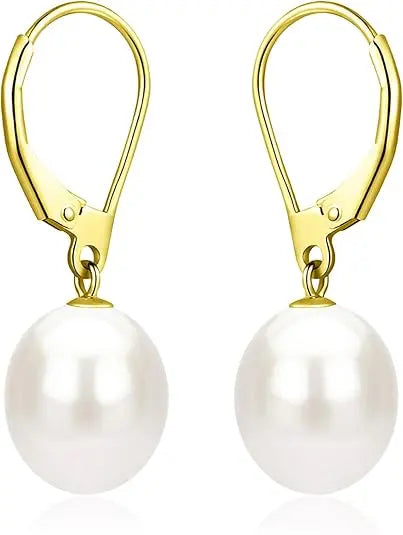 Sterling Silver/Rose Gold Leverback White Freshwater Cultured Pearl Drop Earring for Wedding Jewelry Gift for Women