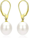 Sterling Silver/Rose Gold Leverback White Freshwater Cultured Pearl Drop Earring for Wedding Jewelry Gift for Women