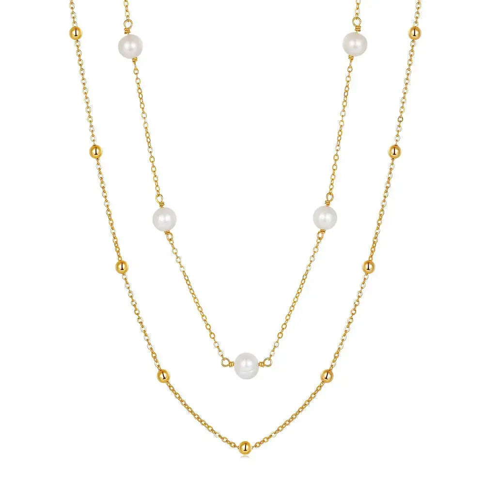 Cultured Freshwater Pearl 14K Gold Plated 925 Sterling Silver Stacking Bracelet and Necklace Jewelry Set