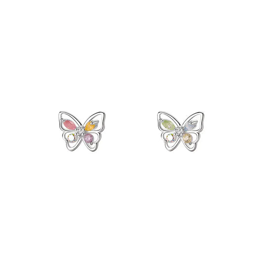 S925 Sterling Silver Flash Color Diamond Butterfly Earrings Women's Sweet ins Cute Mini Color Treasure Earrings Earrings for Hair TWINKLE QUEEN