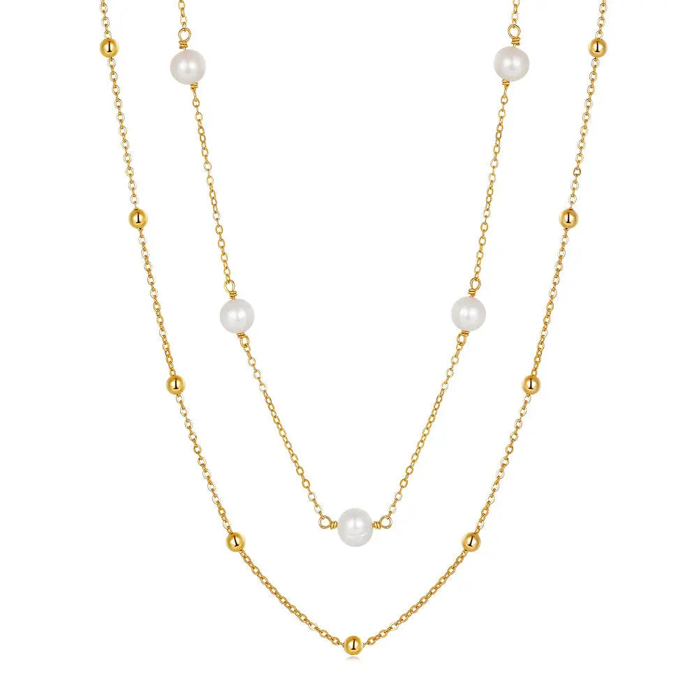 Cultured Freshwater Pearl 14K Gold Plated 925 Sterling Silver Stacking Bracelet and Necklace Jewelry Set