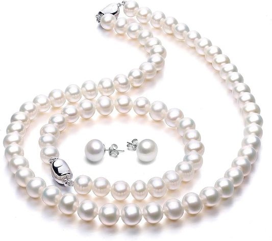 Freshwater Cultured Pearl Necklace Set Includes Stunning Bracelet and Stud Earrings Jewelry for Women
