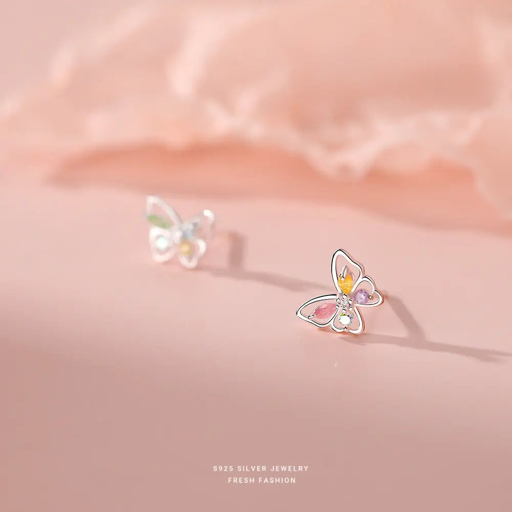 S925 Sterling Silver Flash Color Diamond Butterfly Earrings Women's Sweet ins Cute Mini Color Treasure Earrings Earrings for Hair TWINKLE QUEEN