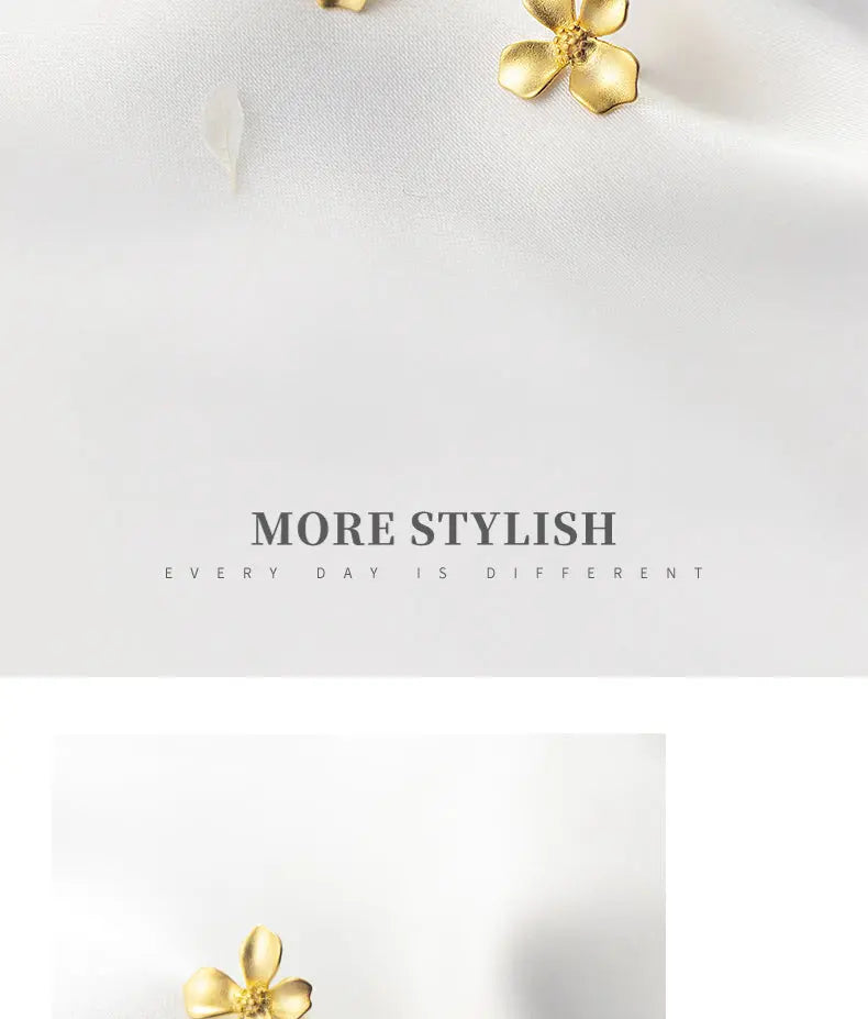 S925 Sterling Silver Vintage Light Luxury Frosted Golden Four-petal Flower Earrings for Women Korean-style Gardenia Sweet Earrings TWINKLE QUEEN