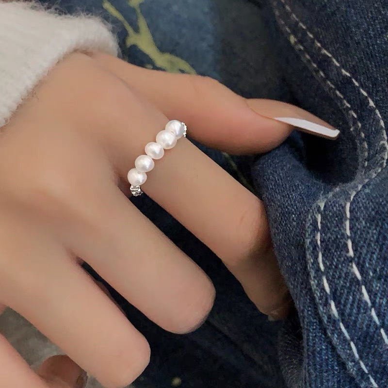 S925 sterling silver pearl ring geometric broken silver irregular design Joint ring light luxury fashion personality tail ring