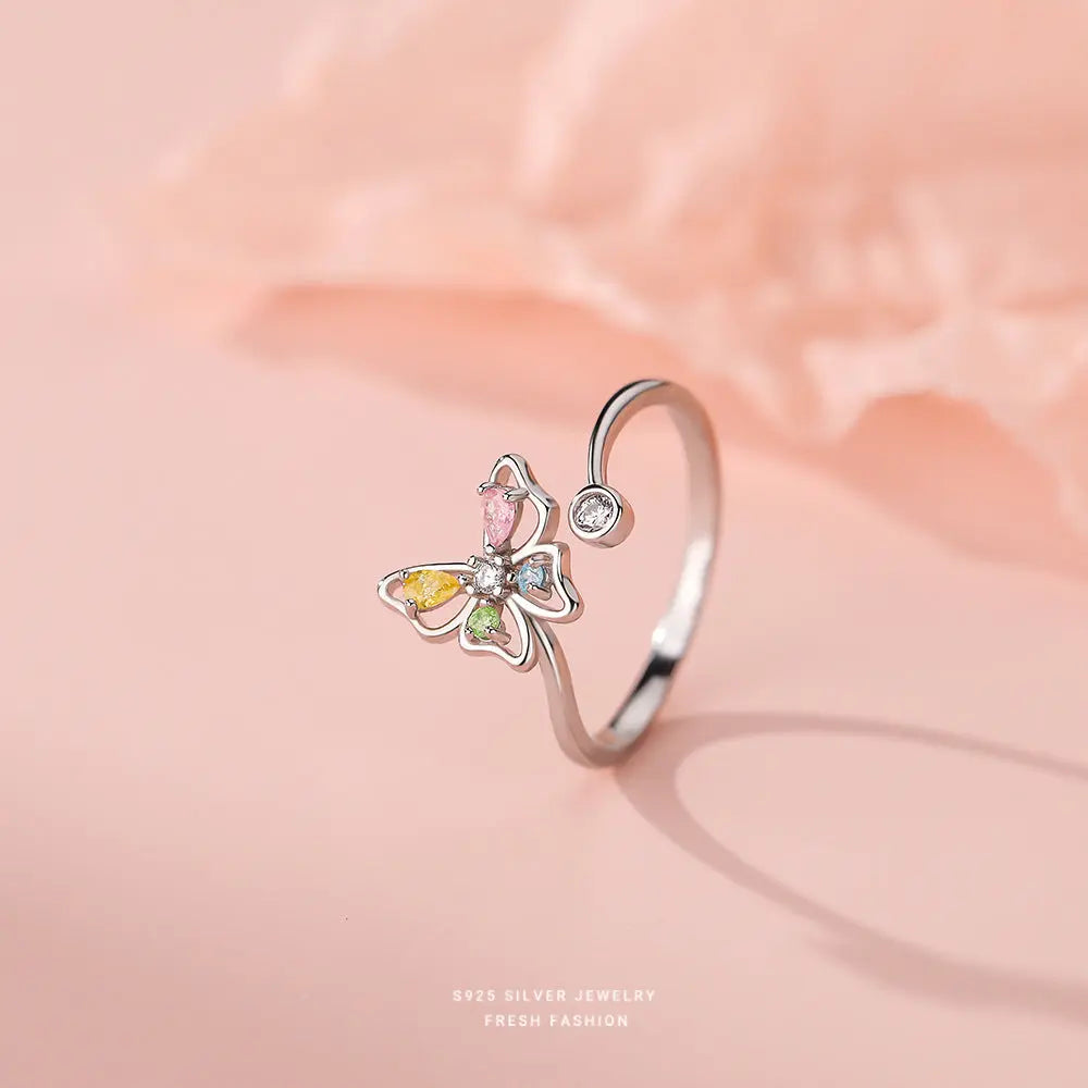 S925 Sterling Silver Flash Color Diamond Butterfly Earrings Women's Sweet ins Cute Mini Color Treasure Earrings Earrings for Hair TWINKLE QUEEN