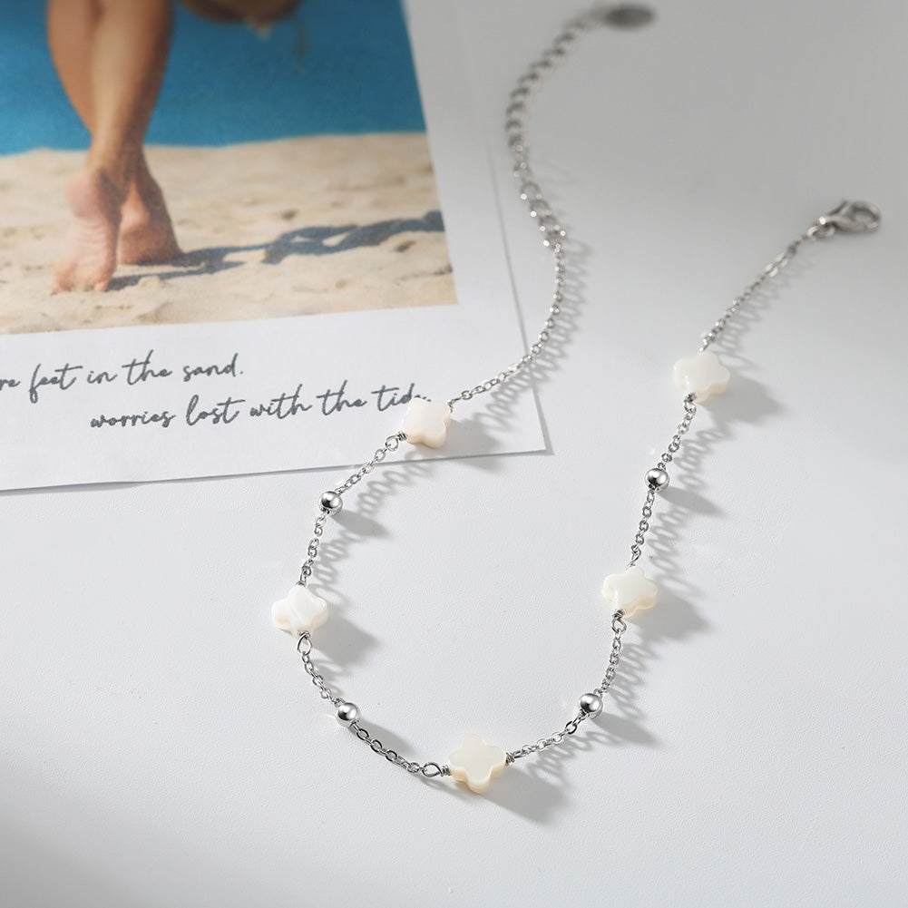 Natural Shell 14K Gold Plated 925 Sterling Silver Four-leaf Clover Anklet