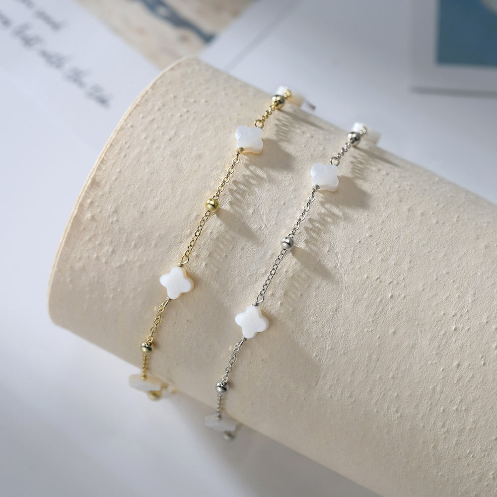 Natural Shell 14K Gold Plated 925 Sterling Silver Four-leaf Clover Anklet