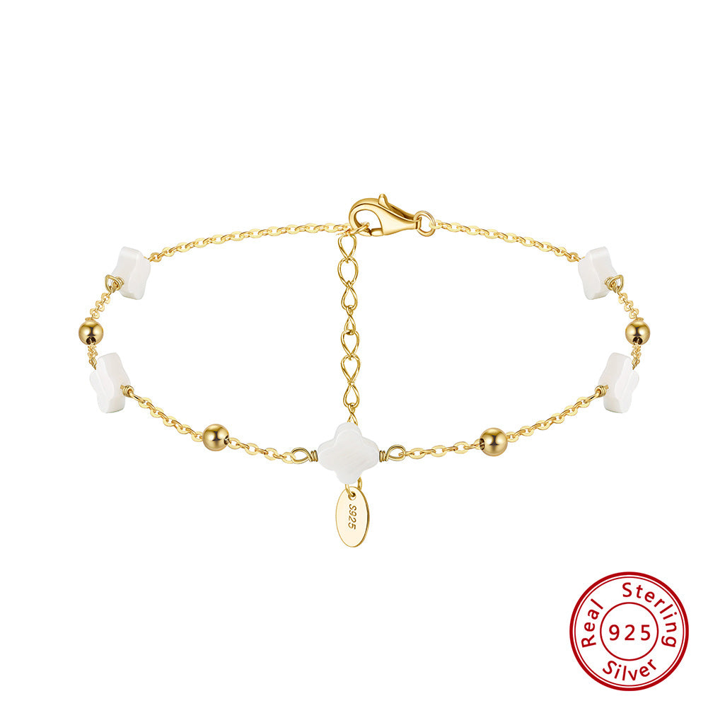 Natural Shell 14K Gold Plated 925 Sterling Silver Four-leaf Clover Anklet