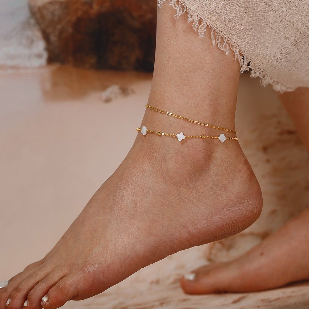 Natural Shell 14K Gold Plated 925 Sterling Silver Four-leaf Clover Anklet