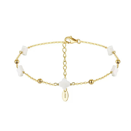 Natural Shell 14K Gold Plated 925 Sterling Silver Four-leaf Clover Anklet